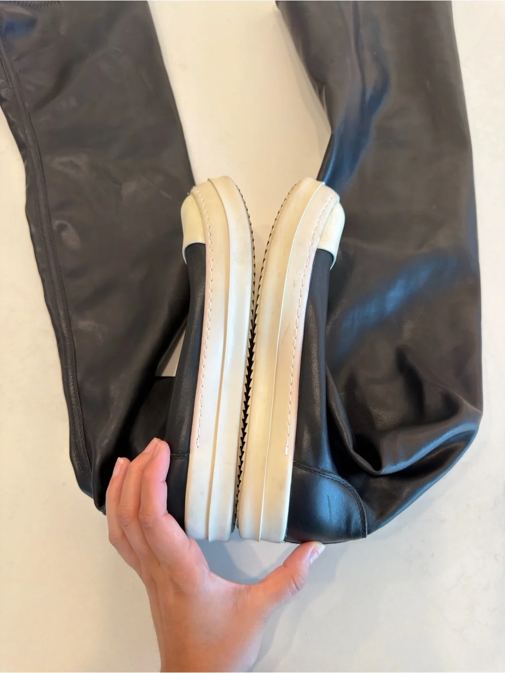 Rick Owens Black Over-the-Knee Slip-On Leather Boots with White Sole
